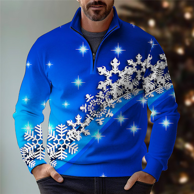  Christmas Bell Snowflake Men's Casual 3D Print Zip Polo Outdoor Casual Daily Streetwear Christmas Polyester Long Sleeve Zip Polo Shirts Wine Blue Fall & Winter S M L Micro-elastic Lapel Polo