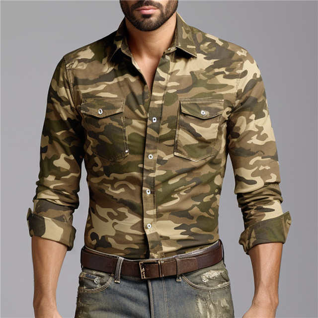  Camo / Camouflage Casual Men's Shirt Daily Wear Going out Weekend Fall & Winter Turndown Long Sleeve Army Green, Dark Green, Green S, M, L 4-Way Stretch Fabric Shirt