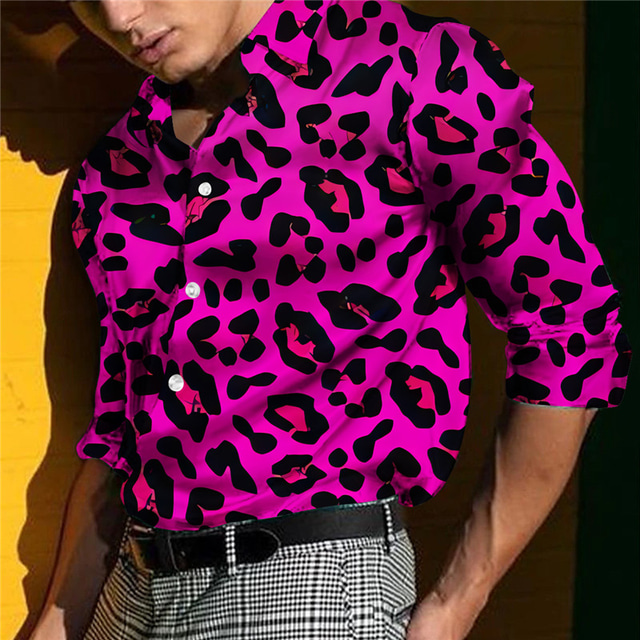  Leopard Print Casual Men's Shirt Daily Wear Going out Weekend Fall & Winter Turndown Long Sleeve Yellow, Pink, Rose Red S, M, L 4-Way Stretch Fabric Shirt