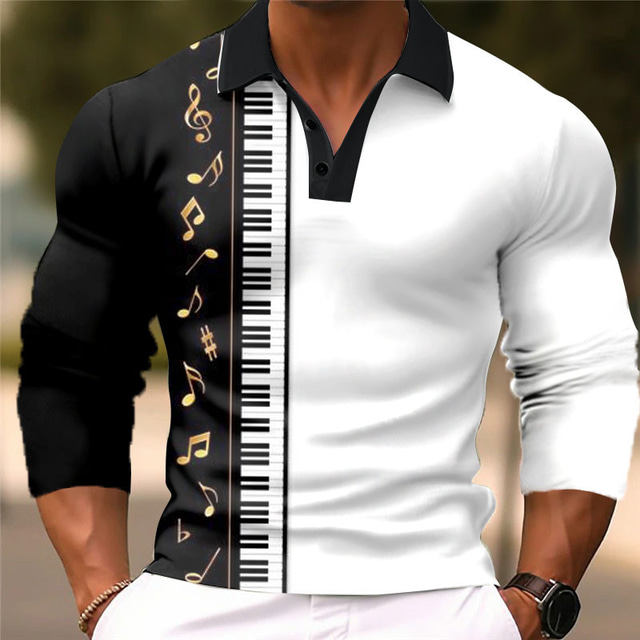  Notes Pano Keys Men's Casual 3D Print Outdoor Casual Daily Streetwear Polyester Long Sleeve Turndown Polo Shirts Black White Fall & Winter S M L Micro-elastic Lapel Polo