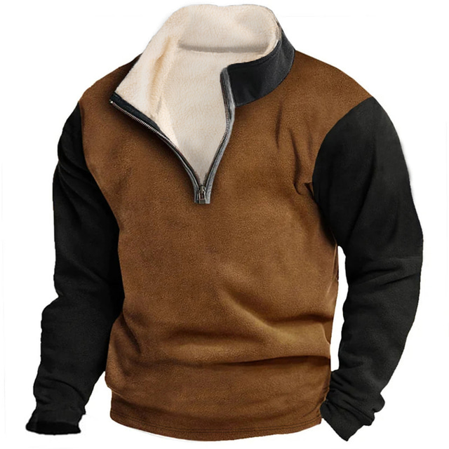  Men's Sweatshirt Zip Sweatshirt Brown Half Zip Color Block Patchwork Sports & Outdoor Daily Holiday Vintage Casual Athletic Fall & Winter Clothing Apparel Hoodies Sweatshirts 