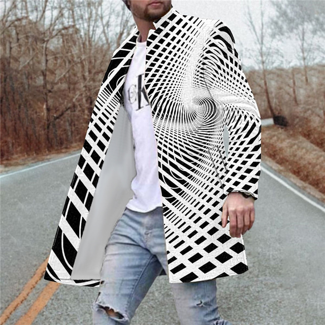  Men's Winter Coat Overcoat Coat Going out Weekend Print Fall & Winter Turndown Long Regular Fit White Red Green Jacket