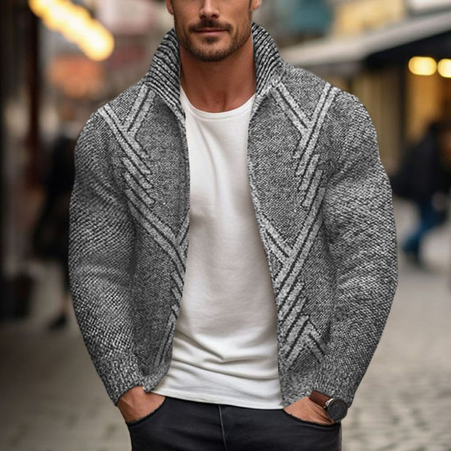  Herre Genser Cardigan Genser Glidelås genser Genser jakke Riflet Strikke Avklipt Strikket Geometrisk Høy krage Oppvarminger Moderne Moderne Dagligdagstøy Ut på byen Klær Vinter Navyblå Mørkegrå M L XL