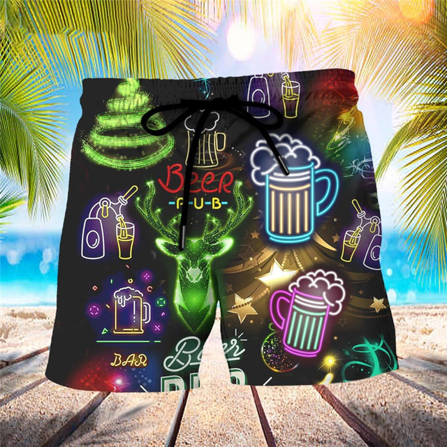  Calções de banho masculinos calções de cerveja calções de banho cordão com forro de malha cintura elástica cerveja veado secagem rápida curto natal férias praia havaiano casual preto micro-elástico