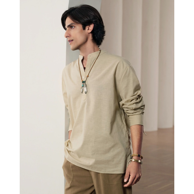  55% Linen Men's Shirt Khaki White Henley Casual Daily Button-Down Short Sleeve Tops Fashion Comfortable Breathable White Summer Vacation Holiday Beach Outdoor
