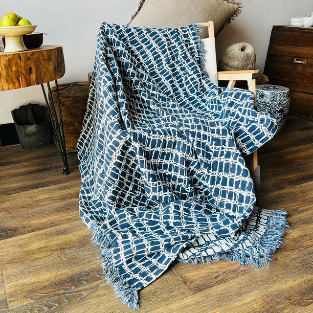  Cobertor de linho estilo xadrez azul com franja para sofá/cama/sofá/presente, linho natural lavado cor sólida macio respirável aconchegante fazenda boho decoração de casa