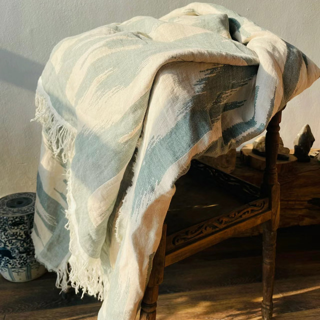  manta de tiro de lino de rayas azules con flecos para sofá/cama/sofá/regalo, lino lavado natural color sólido suave transpirable acogedora casa de campo boho decoración del hogar