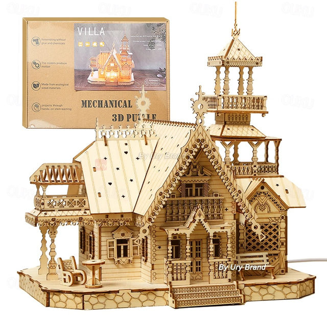  3D Wooden Puzzle Villa House Royal Castle with Light Assembly Toy Kid Adult DIY Model Kits Desk Decoration for Gift