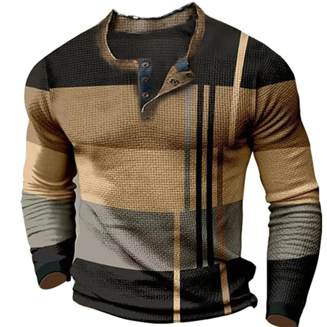 Herre Vaffel Henley skjorte T-Shirts Grafisk Farveblok Henley Tøj 3D-udskrivning udendørs Afslappet Langærmet Trykt mønster Mode Designer Bekvem