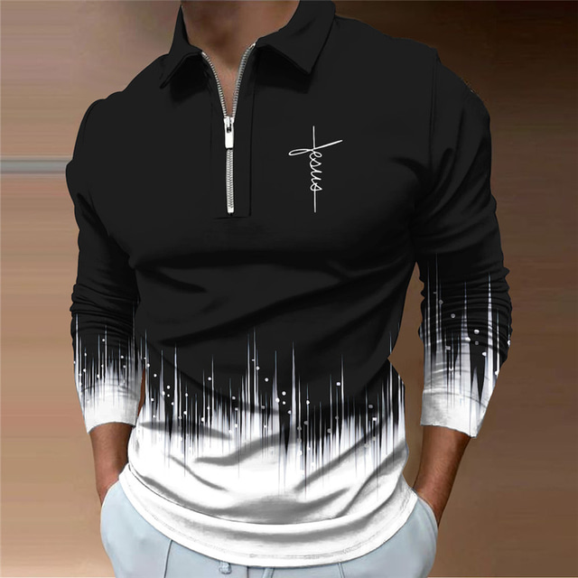  Faith Men's Casual 3D Print Zip Polo Outdoor Casual Daily Streetwear Polyester Long Sleeve Turndown Zip Polo Shirts Black Wine Fall & Winter S M L Micro-elastic Lapel Polo