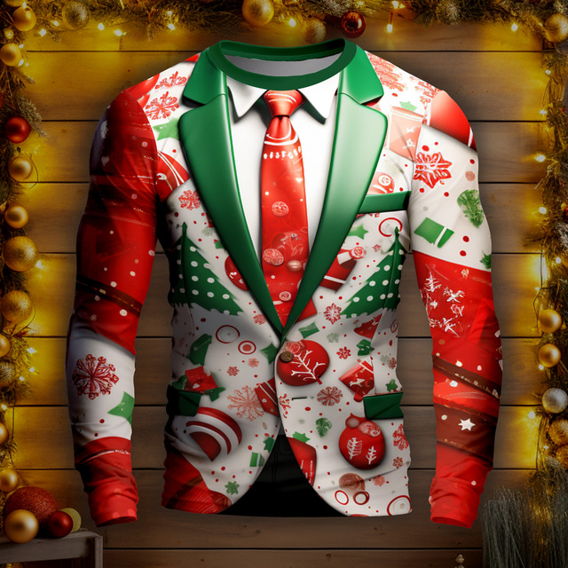  Árbol de Navidad Copo Patrón de navidad Diario Exterior Casual Hombre Impresión 3D Camisetas divertidas Fiesta Casual Festivos Navidad Camiseta Rojo Verde Trébol Manga Larga Cuello Barco Camisa