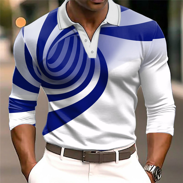  Men's Optical Illusion Golf Polo Long Sleeve Polo Shirts Turndown Abstract Outdoor Casual Daily Streetwear 3D Print Black Wine Blue