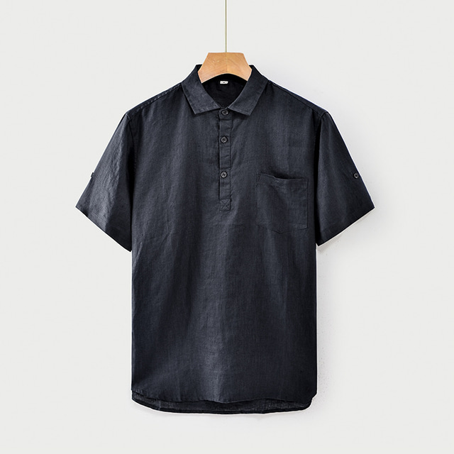  100% Linho Bolso frontal Homens Camisa Social camisa de linho Preto Branco Azul Escuro Manga Curta Tecido Lapela Verão Ao ar livre Diário Roupa