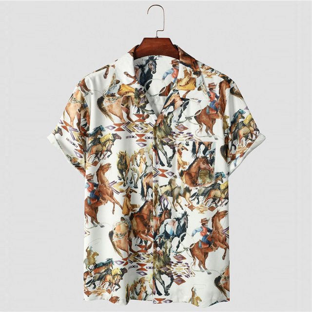  Horse Casual Men's Shirt Daily Wear Going out Weekend Autumn / Fall Cuban Collar Short Sleeves White S, M, L 4-Way Stretch Fabric Shirt