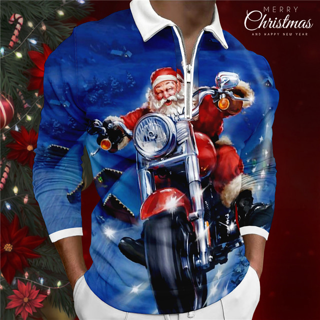  Santa Claus Men's Abstract 3D Print Zip Polo Golf Polo Outdoor Casual Daily Streetwear Polyester Long Sleeve Turndown Zip Polo Shirts Navy Blue Blue Fall & Winter S M L Lapel Polo