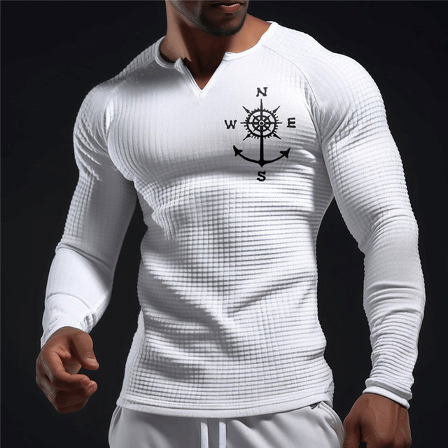  Herren Graphic Farbblock Kompass Waffel-Shirt T Shirt Raglan-T-Shirt Langarm T-Shirt 3D-Druck V Ausschnitt Hemd Täglich Klassisch Brautkleider schlicht Sports Outdoor Festtage Ausgehen Schwarz Wei