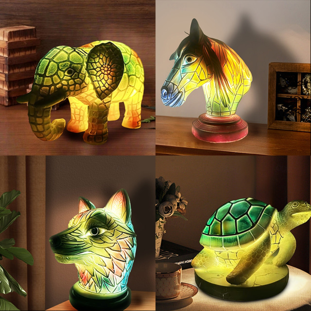  Resin Desk Lamp Animal Series Simulated Stained Glasss Decor Table Lamp Vintage Stained Bedside Lamp 15cm/5.9inch