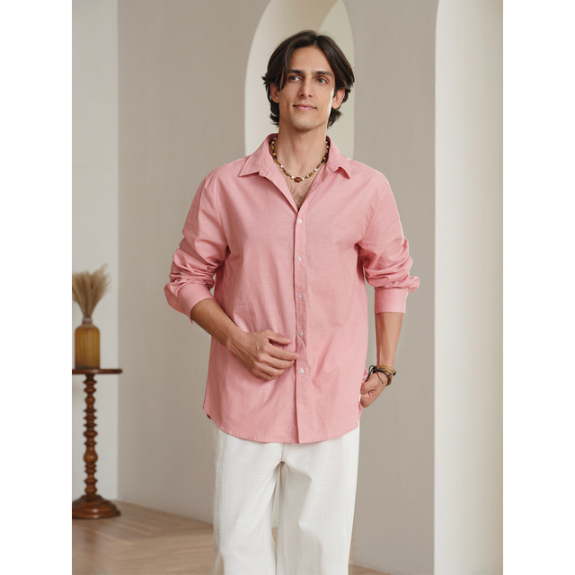  55% Linen Button-Down Men's Shirt Linen Shirt Pink Long Sleeve Solid Color Turndown Spring & Summer Outdoor Street Clothing Apparel