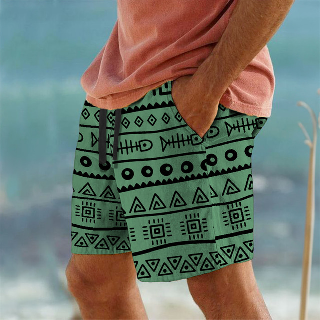  Men's Sweat Shorts Beach Shorts Terry Shorts Drawstring Elastic Waist 3D Print Geometry Breathable Soft Short Daily Streetwear Ethnic Style Casual Black White Micro-elastic