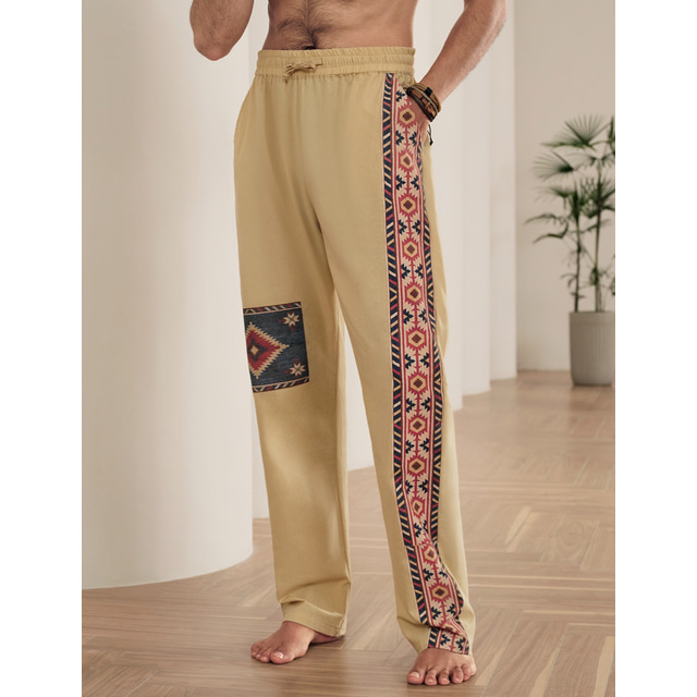  Men's Linen Pants Trousers Summer Pants Beach Pants Drawstring Elastic Waist 3D Print Color Block Graphic Prints Comfort Casual Daily Holiday 20% Linen Ethnic Style Retro Vintage Black Brown