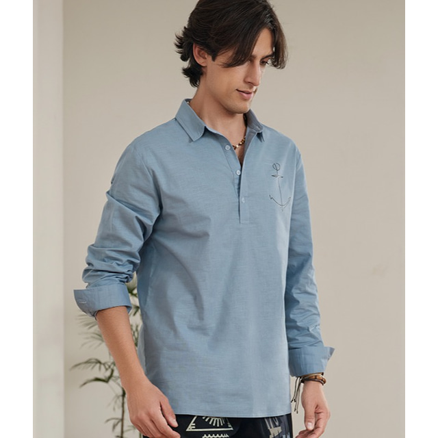  Men's Shirt Linen Shirt Graphic Prints Anchor Collar Black Blue Khaki Gray Outdoor Street Long Sleeve Print Clothing Apparel Cotton Linen 55% Linen Fashion Streetwear Designer Casual