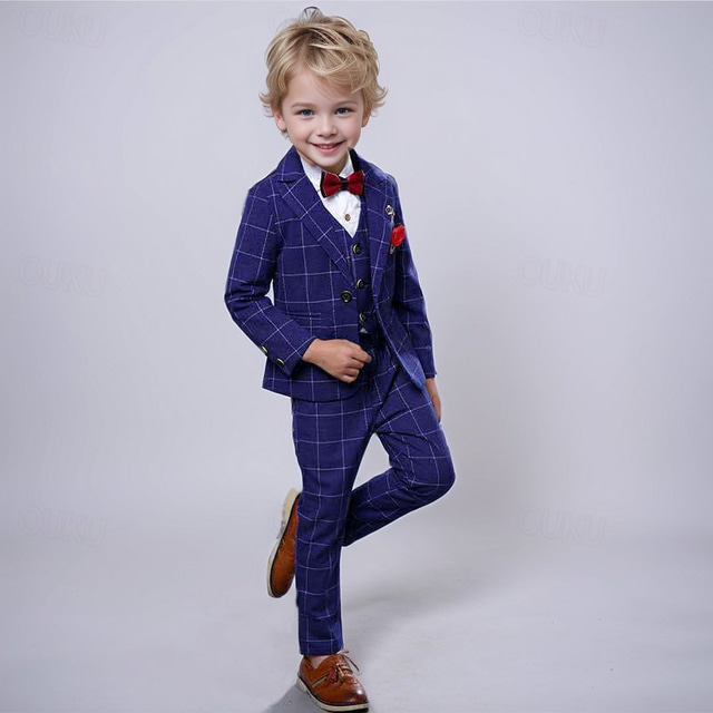  Boys 3D Plaid Suit Formal Suit Suit & Blazer Long Sleeve Summer Spring Cool Gentle Cotton Kids 3-13 Years Formal Anniversary Regular Fit