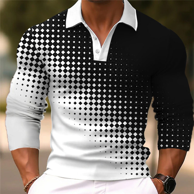 Geometry Gradient Ramp Men's Business 3D Print Outdoor Casual Daily Streetwear Polyester Long Sleeve Turndown Polo Shirts White Yellow Fall & Winter S M L Micro-elastic Lapel Polo
