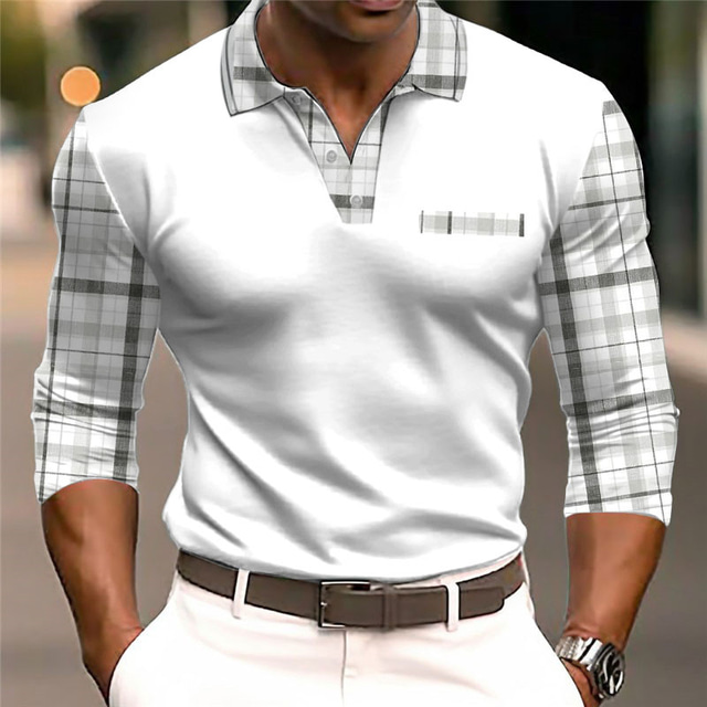  Herren 3D Bedruckt Poloshirt mit Zopfmuster Golfpolo Casual Langarm Umlegekragen Polo-Shirts Schwarz Weiß Herbst Winter S M L Mikro-elastisch Revers-Polo