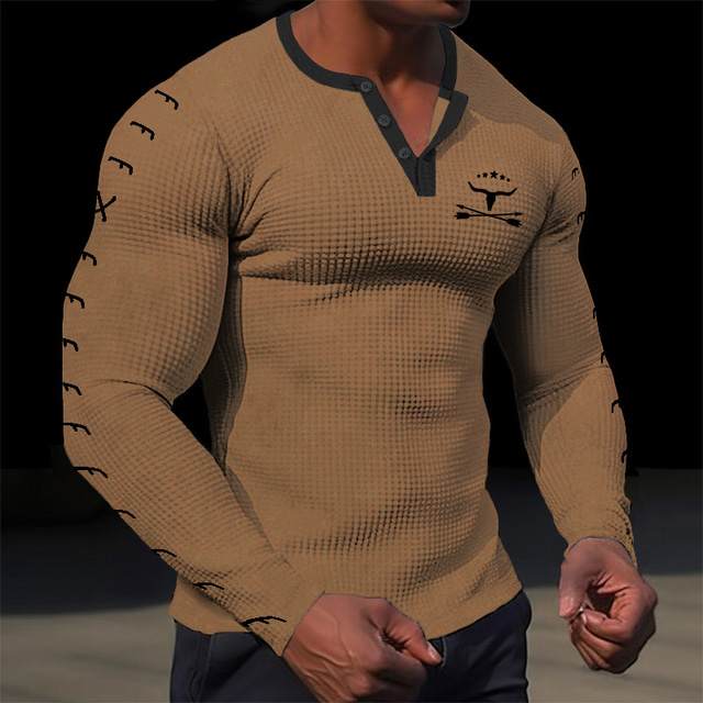  Pánské Grafika Kovbojské Tričko Henley Waffle Tričko Dlouhý rukáv 3D tisk Designové Retro Na běžné nošení Outdoorové sporty Dovolená Festival Jaro & podzim Černá Bílá Hnědá Armádní zelená Henley