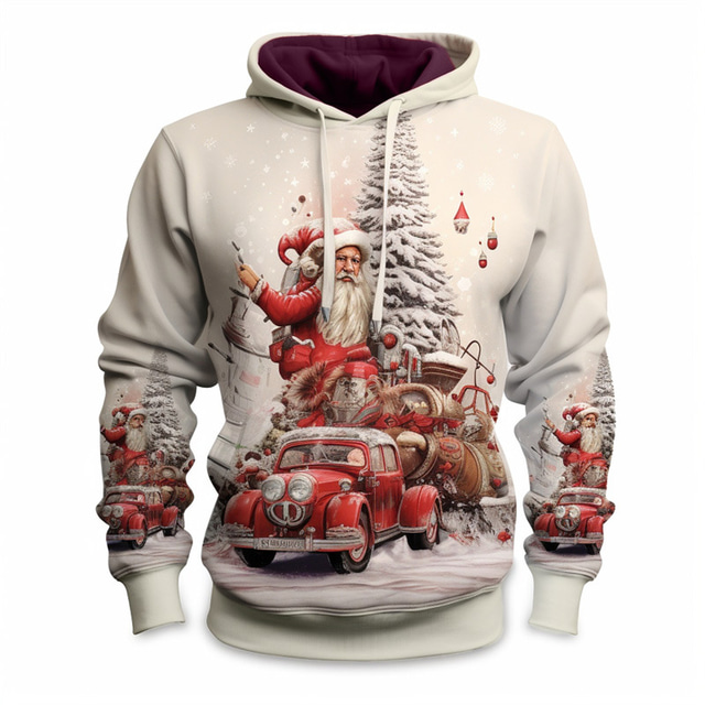  Santa'S Highway Mens Graphic Hoodie Fashion Daily Basic 3D Print Pullover Sports Outdoor Holiday Vacation Hoodies Beige Hooded Front Pocket Spring & Claus White Cotton