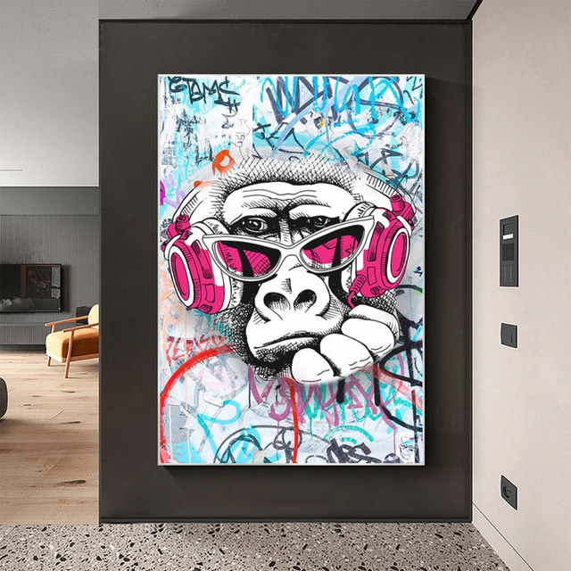  Pop Graffiti Art Listen to Music Hip Hop Monkey Handpainted Canvas Painting Handmade Graffiti Wall Art Living Room Decoration No Frame