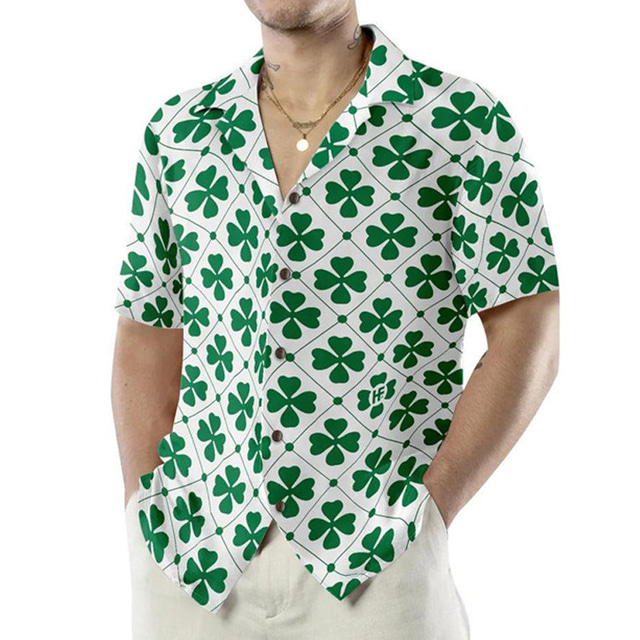  Four Leaf Clover Casual Men's Shirt Daily Wear Going out Weekend Autumn / Fall Cuban Collar Short Sleeves Green S, M, L 4-Way Stretch Fabric Shirt St. Patrick