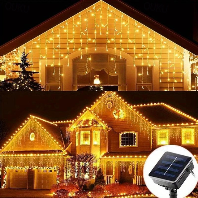  1pc LED Ηλιακή Στρανγκ Φώτων Χιονονιφάδας 4M-96Leds 8 Λειτουργίες Αδιάβροχο Κουρτίνας Χιονονιφάδας Φώτα Στρανγκ Στέγη Εμπορική Στριμμένη Διακόσμηση