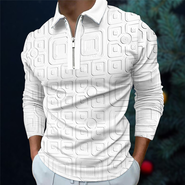  Embossed Relief Pattern Men's Abstract Print 3D Zip Polo Outdoor Casual Daily Streetwear Polyester Long Sleeve Turndown Zip Polo Shirts White Yellow Fall & Winter S M L Micro-elastic Lapel Polo