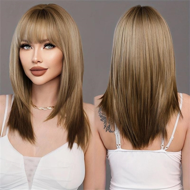  Synthetic Brown Ombre Blonde Wigs With Bangs Natural Soft Straight Layered Hair Wig For Women Daily Party High Density Heat Resistant