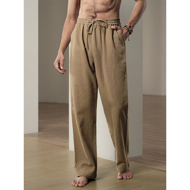  40% Linen Men's Linen Pants Trousers Work Pants Beach Pants Pocket Drawstring Elastic Waist Plain Comfort Soft Daily Weekend Streetwear Casual Dark Khaki Black Micro-elastic