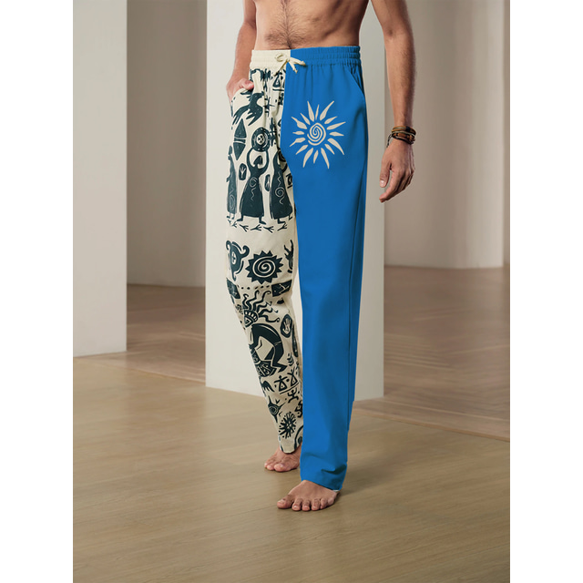  Men's Linen Pants Trousers Summer Pants Beach Pants Drawstring Elastic Waist 3D Print Graphic Prints Flower / Floral Comfort Casual Daily Holiday 20% Linen Vintage Ethnic Style Black Blue