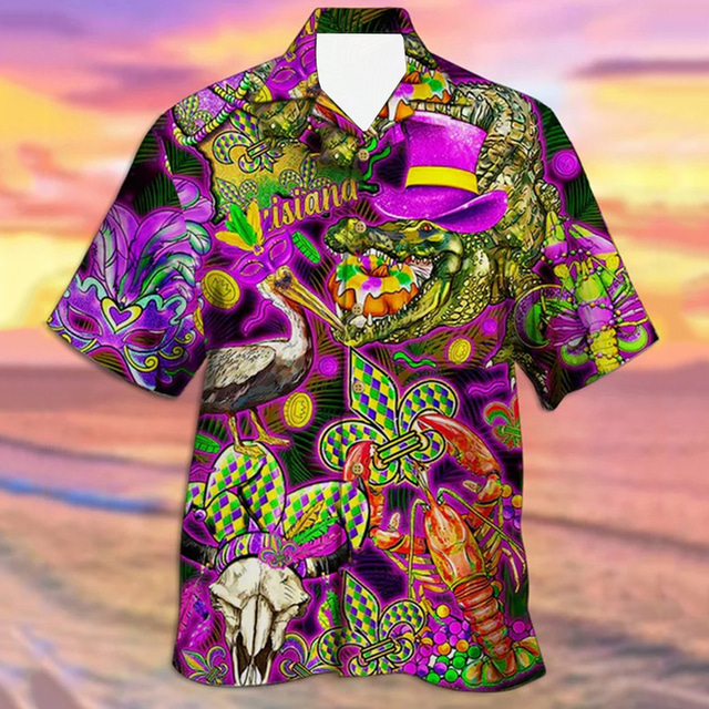  Mask Abstract Men's Shirt Daily Wear Going out Weekend Autumn / Fall Cuban Collar Short Sleeves Purple S, M, L 4-Way Stretch Fabric Shirt Easter