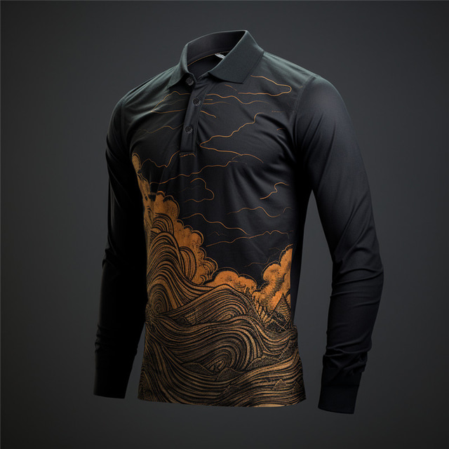  Waves Men's Vintage Print 3D Outdoor Casual Daily Streetwear Polyester Long Sleeve Turndown Polo Shirts Black Fall & Winter S M L Micro-elastic Lapel Polo