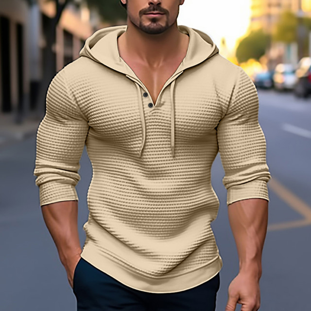  Men's T shirt Tee Waffle Shirt Tee Top Long Sleeve Shirt Plain Hooded Street Vacation Long Sleeve Clothing Apparel Fashion Designer Basic