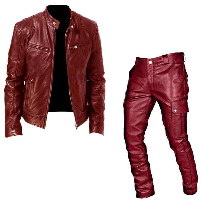  Male Faux Leather Jacket Transition Jacket Daily Wear Casual Daily Front Zip Fall & Winter Solid / Plain Color Punk Crew Neck Regular Black Red Jacket