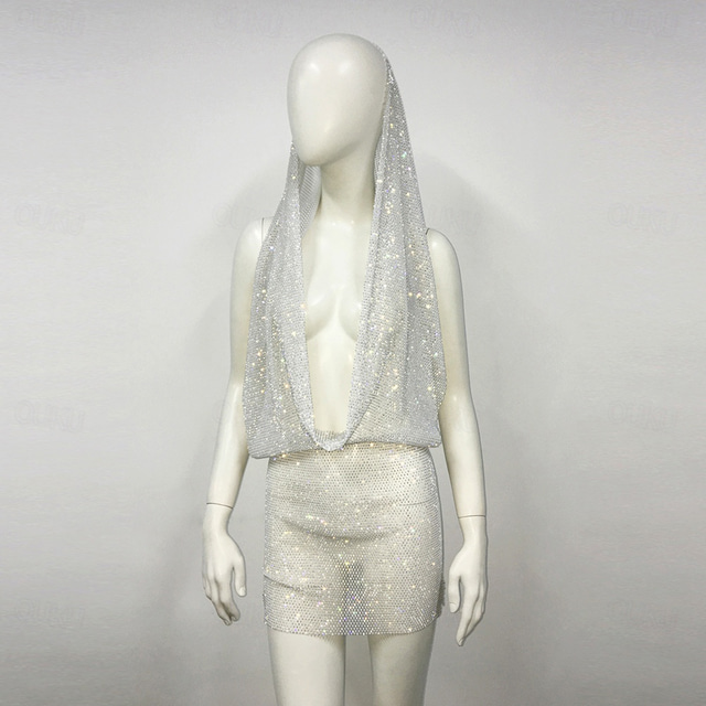  معدني عارية الظهر مضيئ فستان قصير ديسكو لون الصلبة منخفضة V رقبة ملابس تنكرية نسائي مهرجان مناسب للحفلات نادي فستان