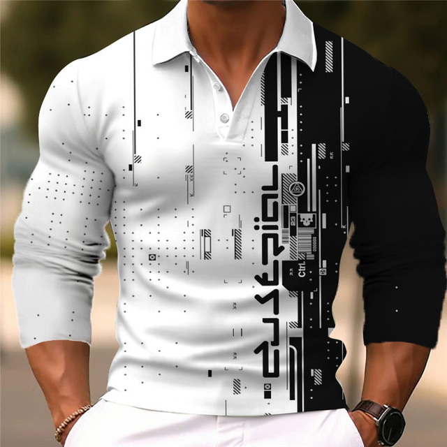  Geometry Men's Business 3D Print Golf Polo Outdoor Casual Daily Streetwear Polyester Long Sleeve Turndown Polo Shirts White Wine Fall & Winter S M L Micro-elastic Lapel Polo