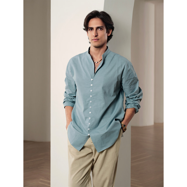  Men's Linen Shirt 55% Linen Print Shirt  Blue Long Sleeve Graphic Prints Anchor Stand Collar Summer Spring Outdoor Street Clothing Apparel