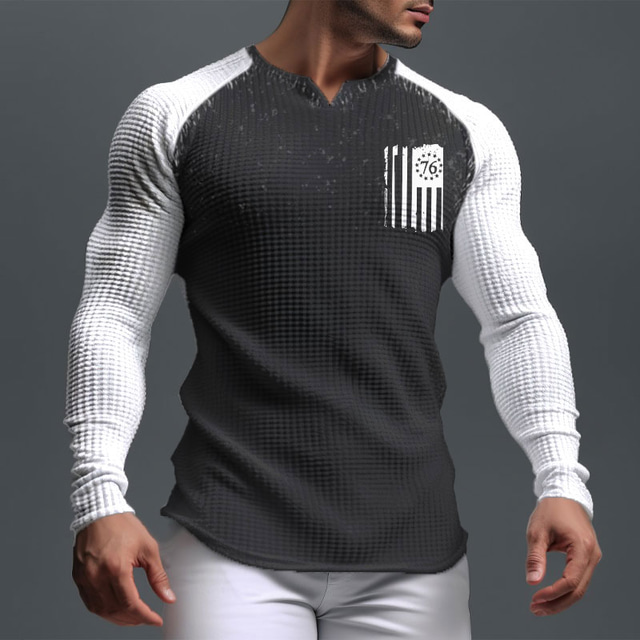  Homme Graphic 1776 Drapeau National Chemise gaufrée T shirt T-shirt raglan manche longue T-shirt 3D effet Col V Chemise Sportif du quotidien Décontractées Sport extérieur Vacances Sortie Noir Blanche