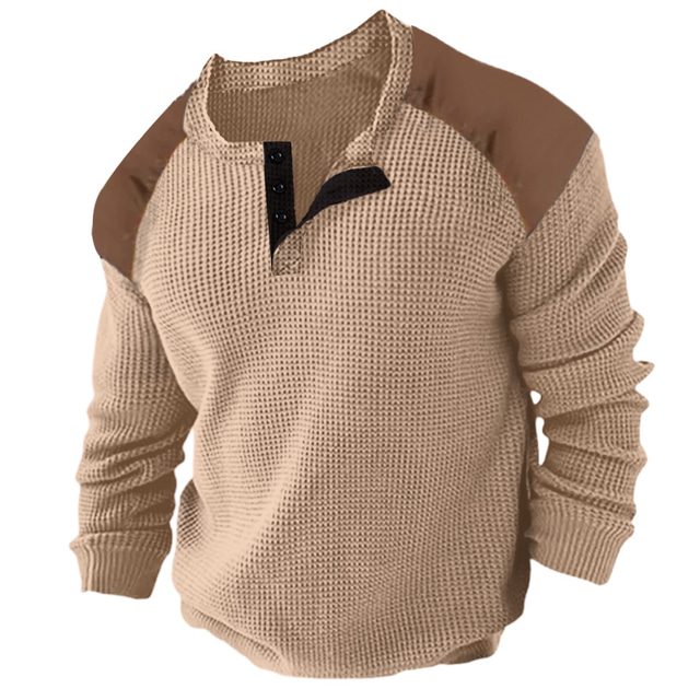  Herr Waffle Henley Shirt T-tröja Färgblock Henley Gata Semester Långärmad Kläder Mode Designer Grundläggande
