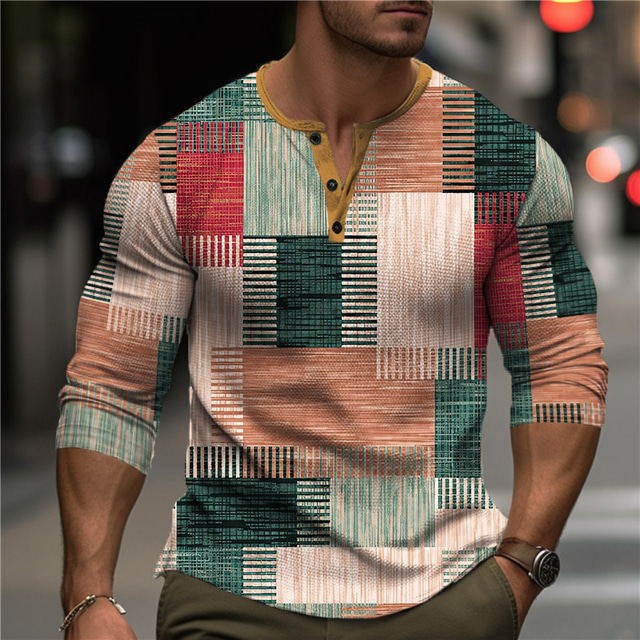  Men's Graphic Color Block Geometic Henley Shirt Waffle T Shirt Long Sleeve 3D Print Designer Retro Vintage Casual Sports Outdoor Holiday Festival Spring &  Fall Yellow Red Orange Green Gray Henley