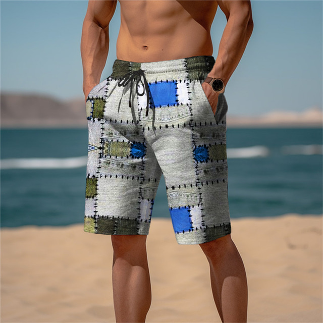  Men's Sweat Shorts Beach Shorts Terry Shorts Drawstring Elastic Waist 3D Print Plaid Breathable Soft Short Daily Streetwear Casual Athleisure Yellow Blue Micro-elastic