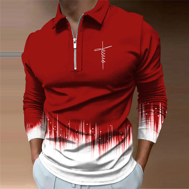  Men's Faith Zip Polo Long Sleeve Polo Shirts Turndown Zip Casual Outdoor Casual Daily Streetwear 3D Print Black Wine