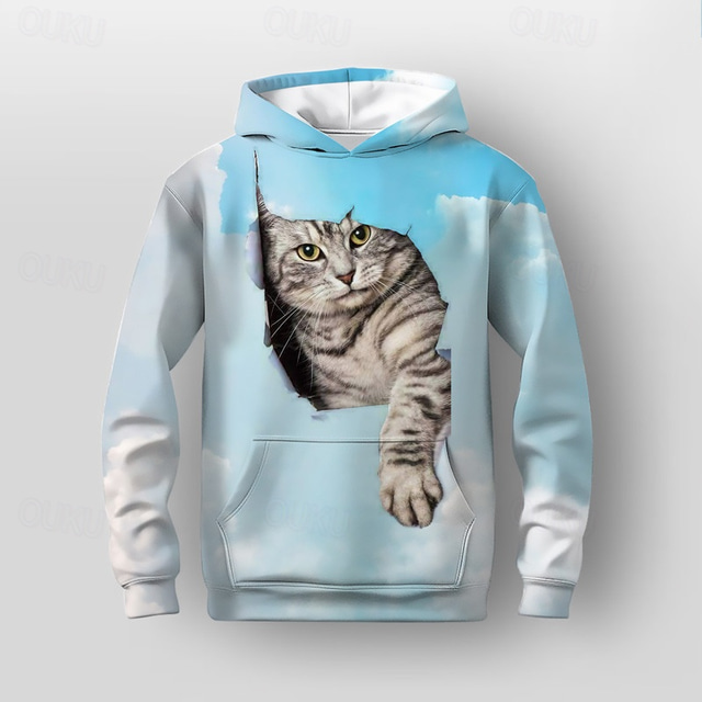  Girls' 3D Cat Hoodie Pullover Long Sleeve 3D Print Fall Winter Active Fashion Cute Kids 3-12 Years Outdoor Casual Daily Regular Fit